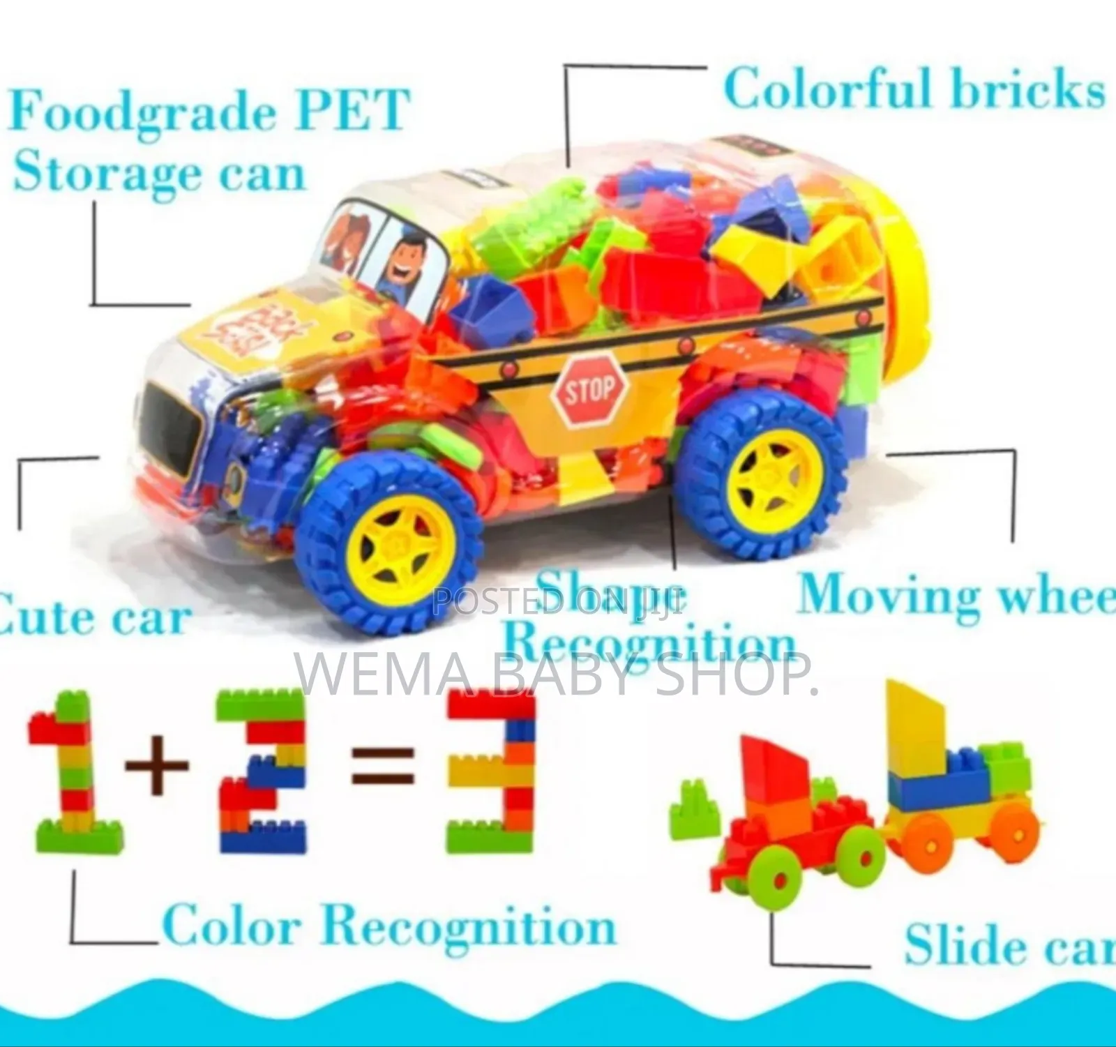 Back to School Colorfulbuilding Blocks Toy in Bus-Shaped Container.