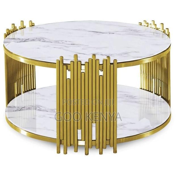 Home Table; Premium Round Marble/Glass Coffee Table With Gold Legs - thumbnail 2