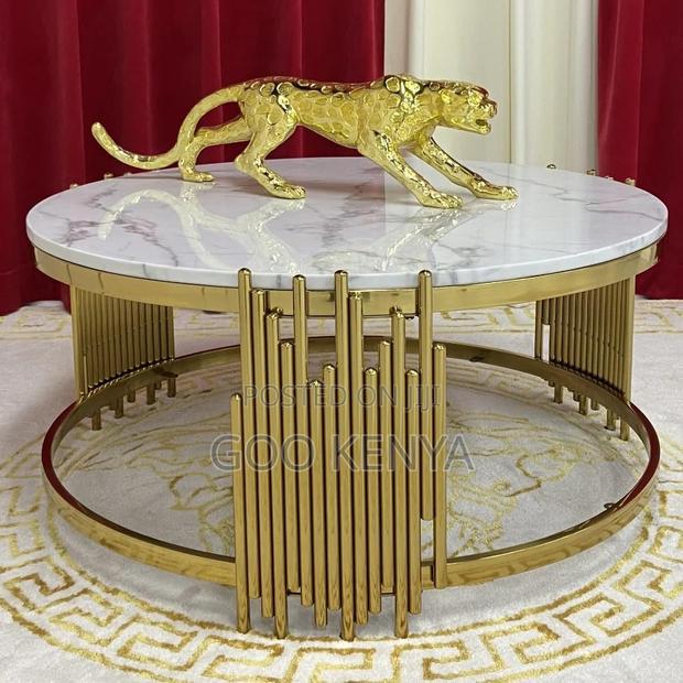 Home Table; Premium Round Marble/Glass Coffee Table With Gold Legs - thumbnail 3