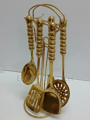 6 In 1 Gold Vanished Serving Spoon Set With Stand And Ceramic Han