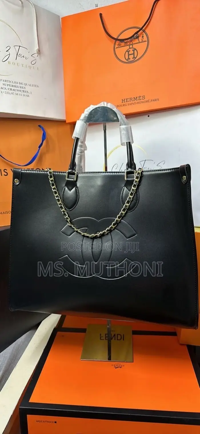 Big Size Black Leather Chanel Shopping Tote Bag