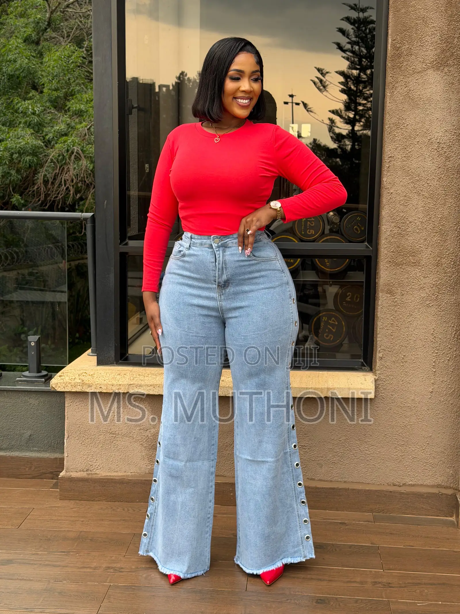 Original Fashionnova High Waist Flare Jeans With Side Stud Design