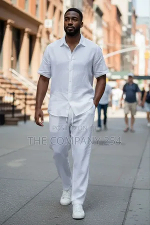 Quality Men Cotton Casual 2 Piece Linen Suit Trouser and Shirts