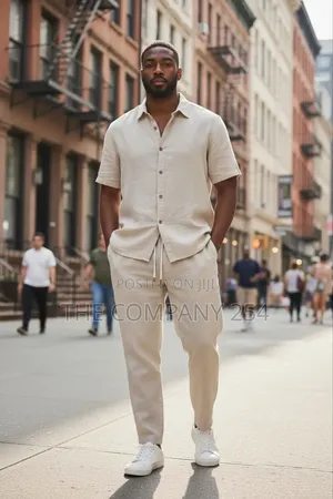 Quality Men Cotton Casual 2 Piece Linen Suit Trouser and Shirts
