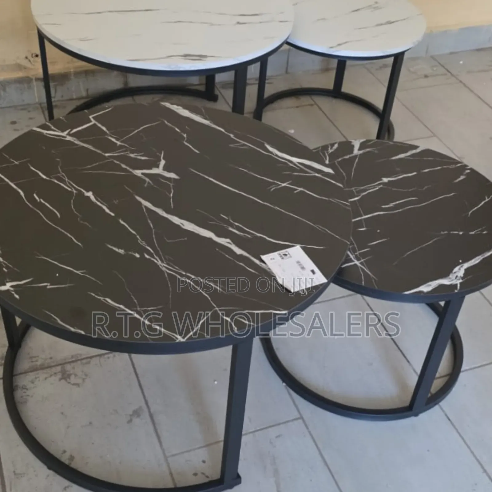 Modern MDF Nesting Coffee Table – Marble Look, Black Frame