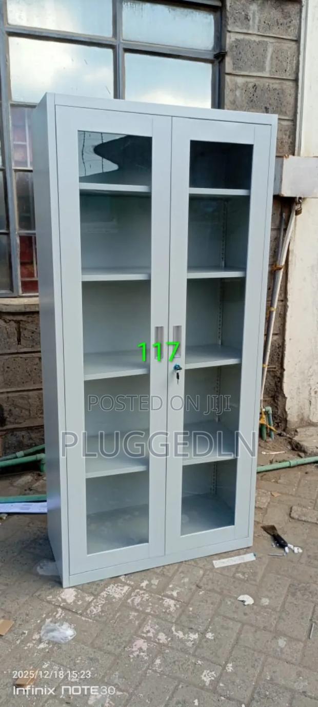 2-Door Metallic Office Filing Cabinet With Full Glass Doors.
