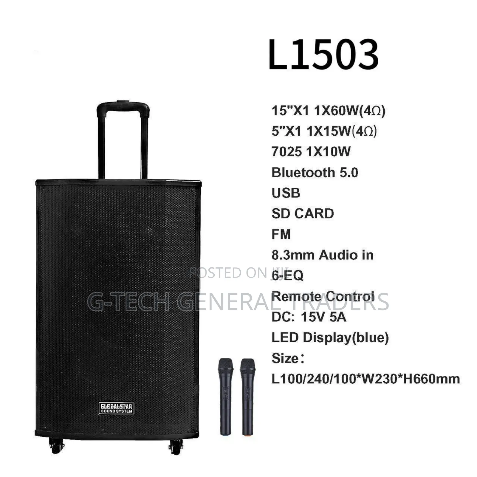 Globalstar Rechargeable Trolley Speaker 15inch With 2 Microphones