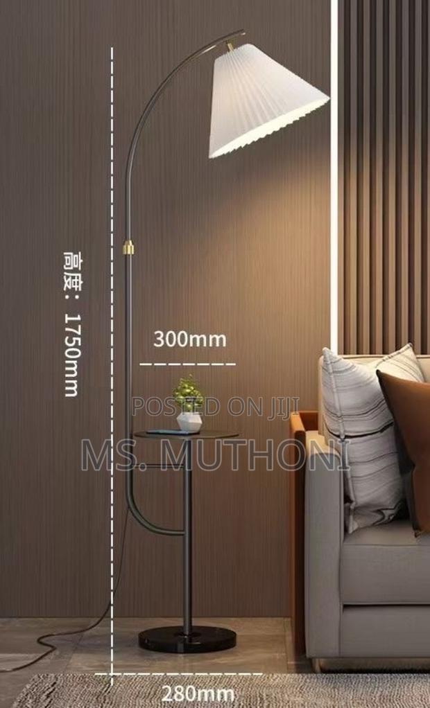 Lave Floor Lamp With a Built-in Table and Pleated Lampshade.