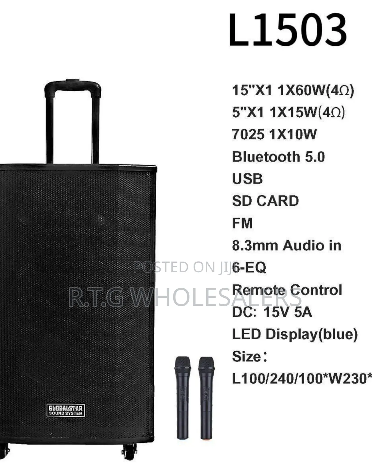 Globalstar L1503 15′′ Trolley Speaker With 2 Mics, Usb/Sd/Fm, Remote
