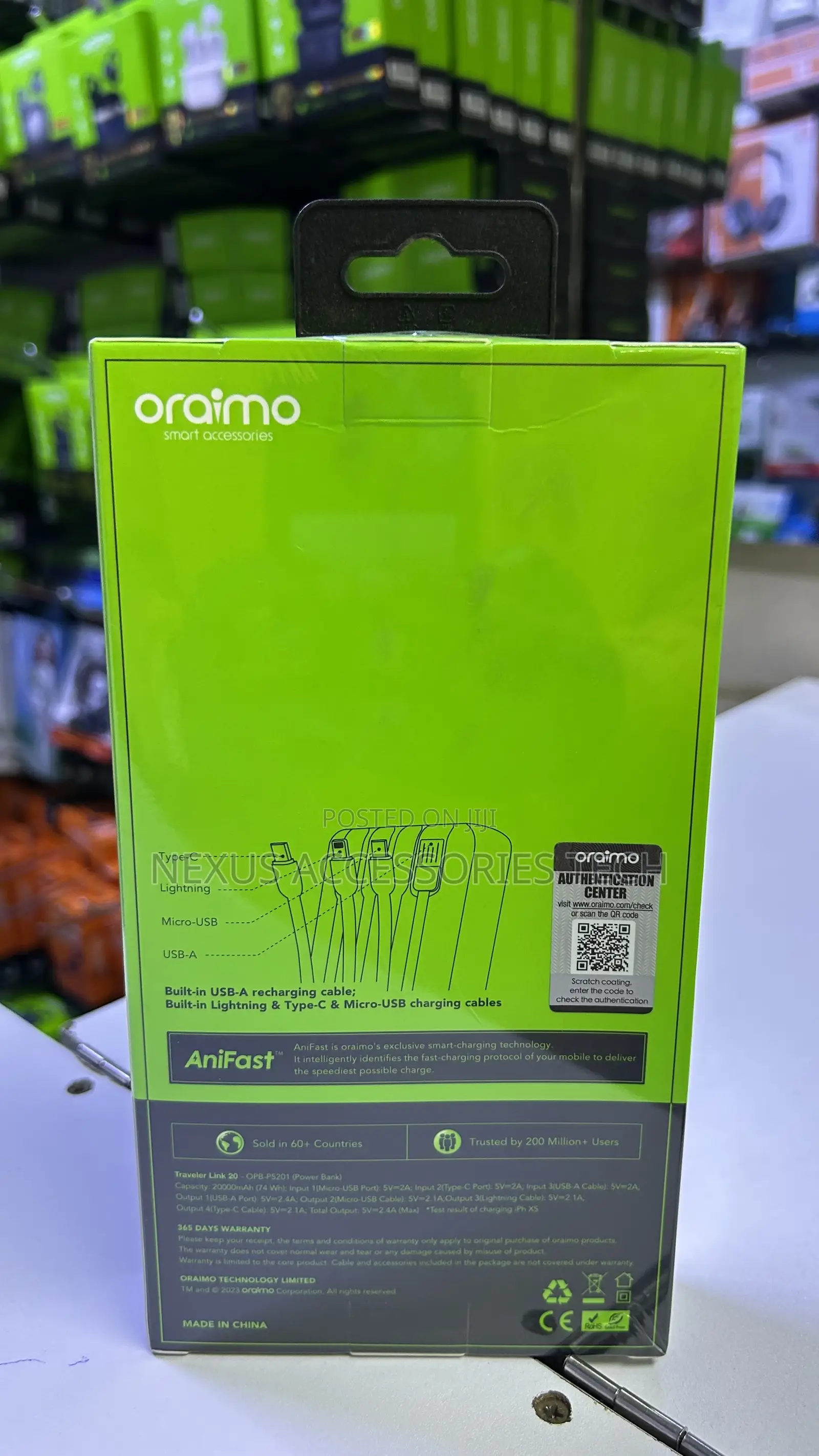 Oraimo 20000mah Power Bank Traveler Link 20 (Opb-P5201)–Built-Incables