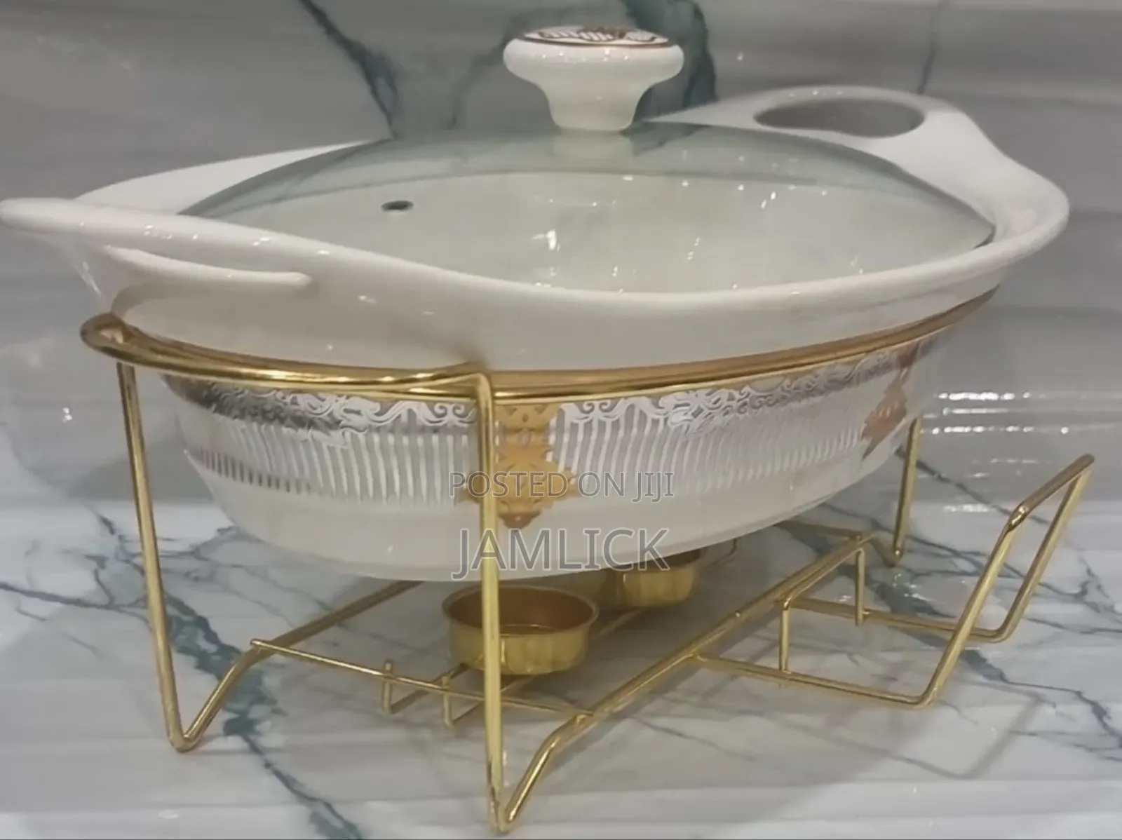 Single Ceramic Round Chafing Dish + Burner Golden Stand - Pm