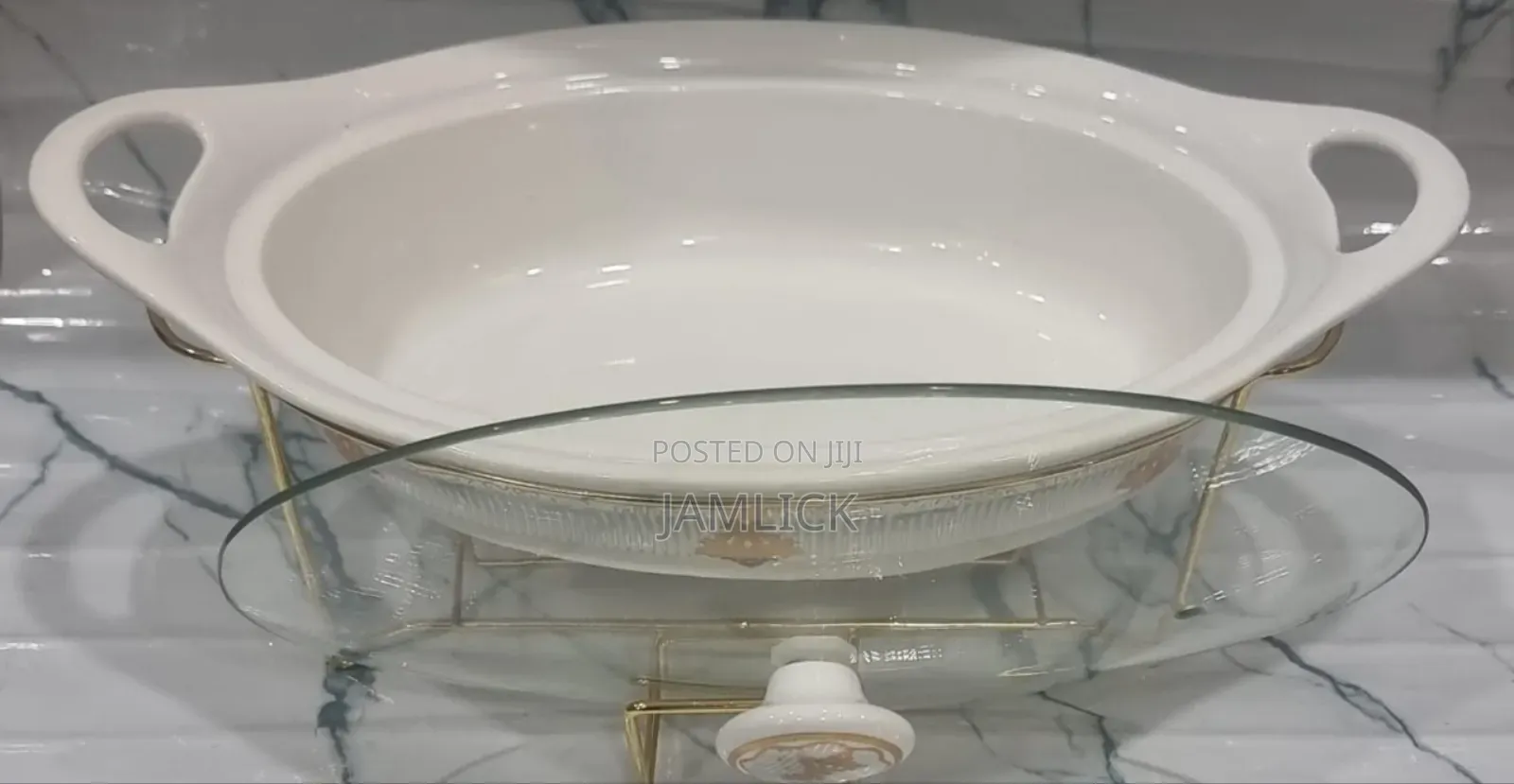 Single Ceramic Round Chafing Dish + Burner Golden Stand - Pm