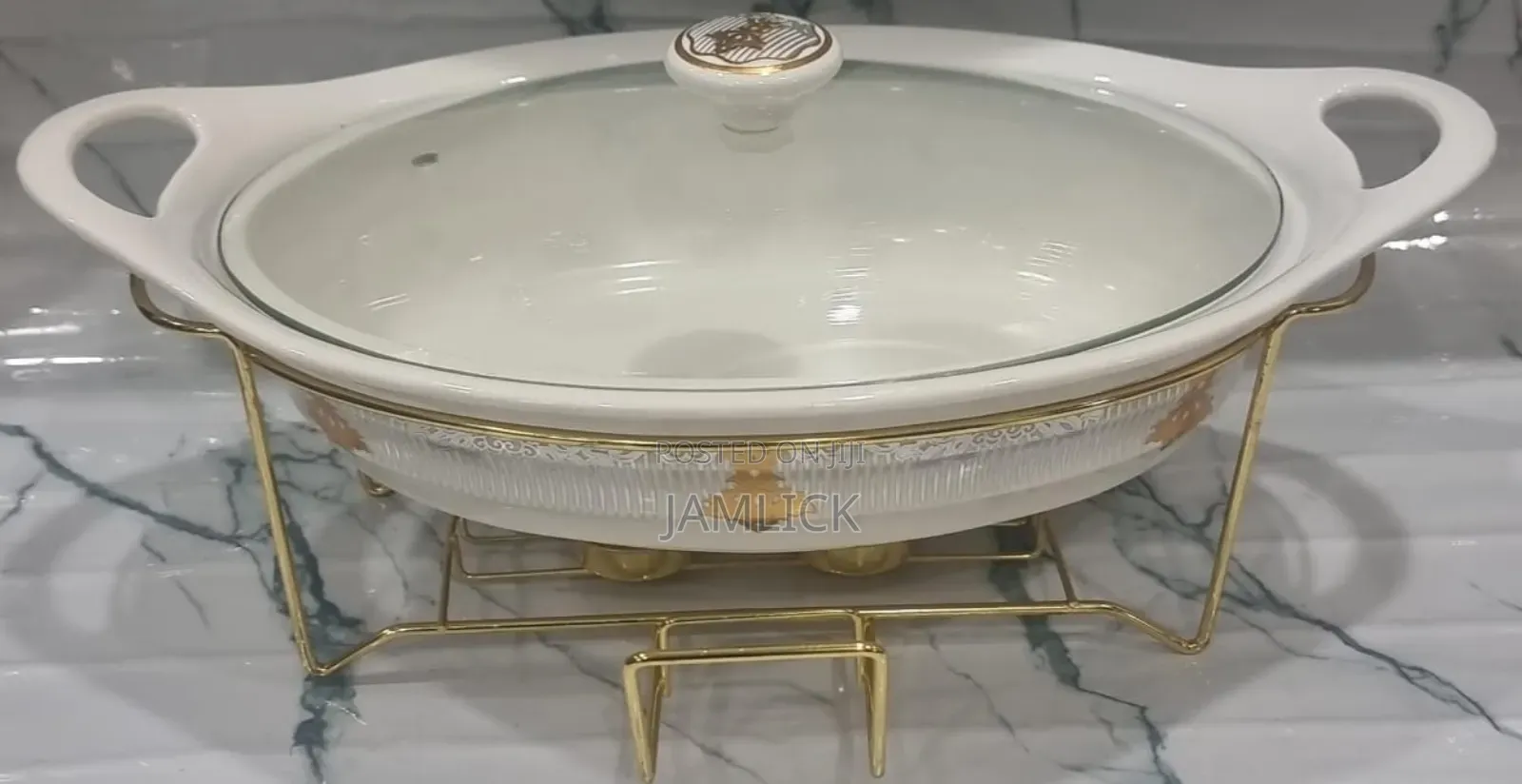 Single Ceramic Round Chafing Dish + Burner Golden Stand - Pm