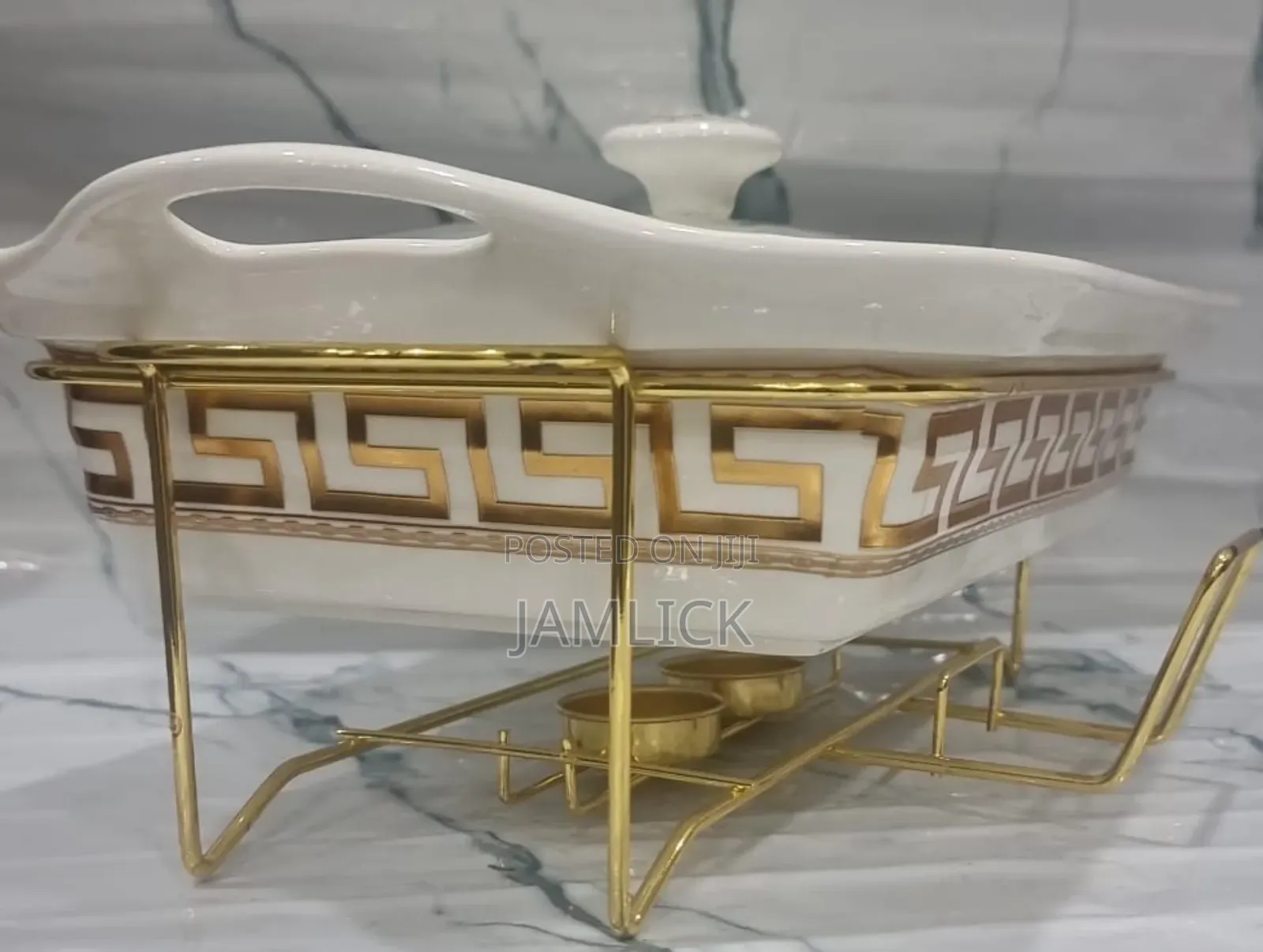 Single Ceramic Round Chafing Dish + Burner Golden Stand - Pm