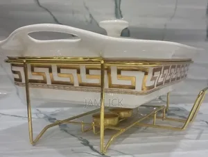 Single Ceramic Round Chafing Dish + Burner Golden Stand - Pm