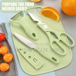 4-Piece Kitchen Set, a Knife, Peeler, Scissors, and a Cutting Board.