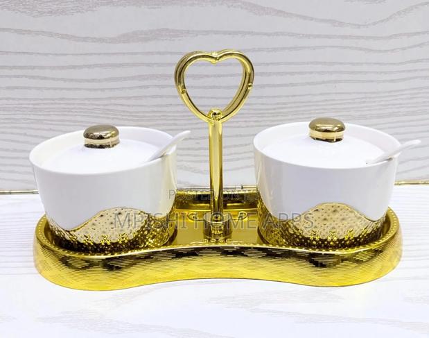 2-Piece Ceramic Sugar Dish Set With a Golden Stand. - main view