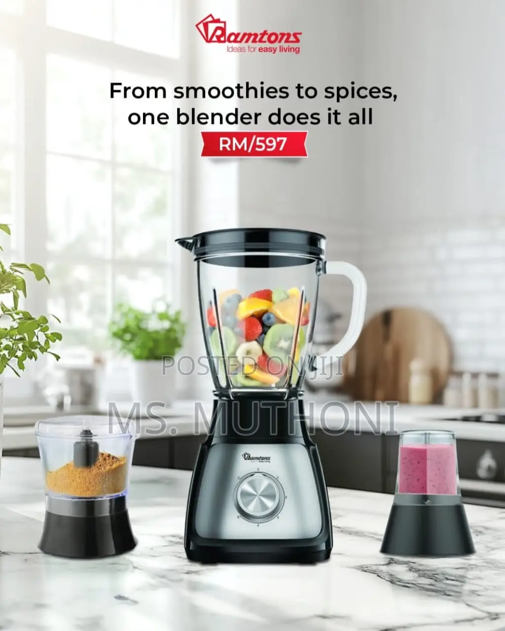 1 Yr Warranty Rm597 Ramtons Speed Blender With Chopper Mill