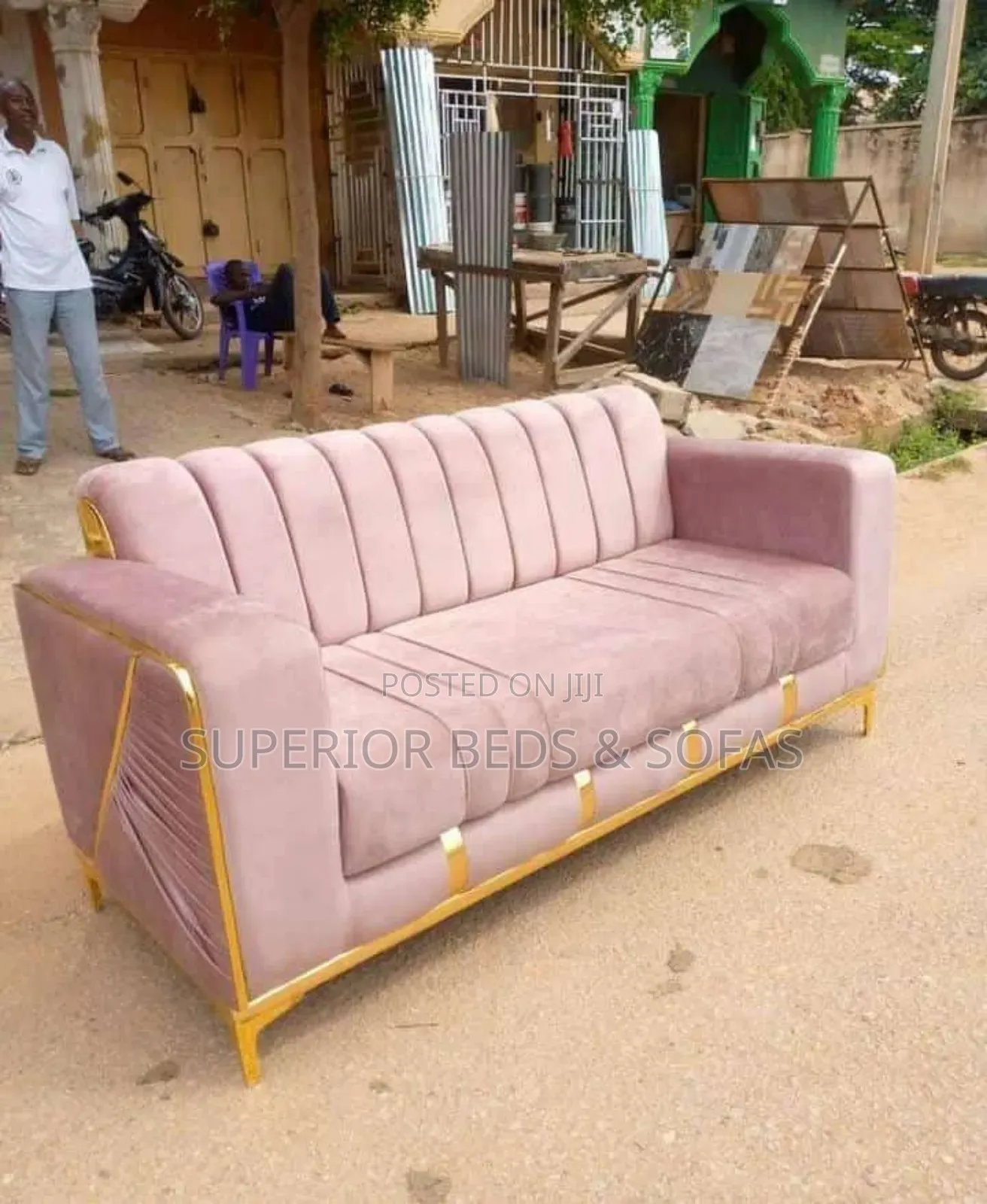 Blush Velvet Sofa With Gold Frames - Free Delivery