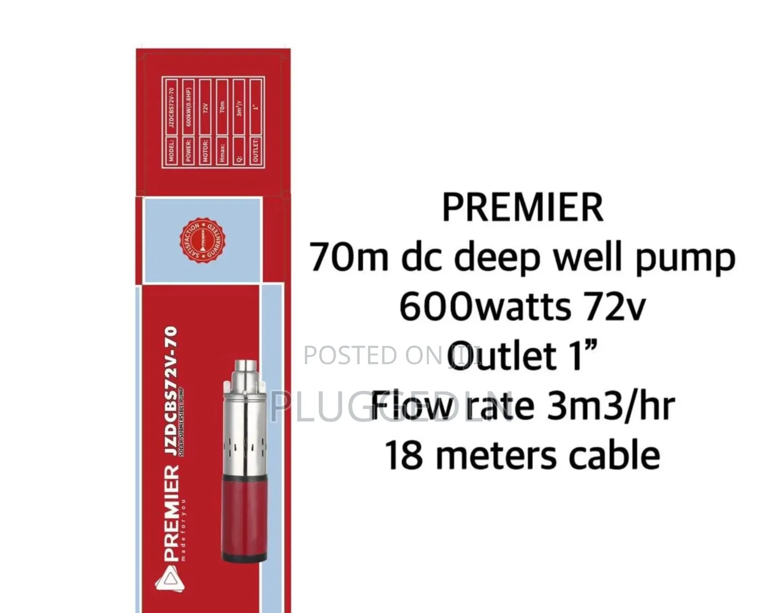 Premier 70m Dc Deep Well Solar Water Pump (Model: Jzdcbs72v-70