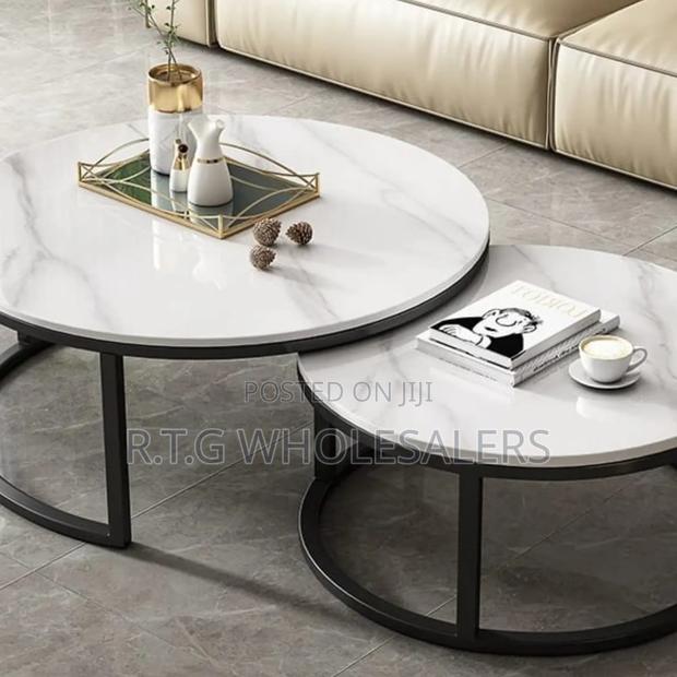 Luxury Marble Nesting Tables Set – 2‐Piece With Black Metal Base