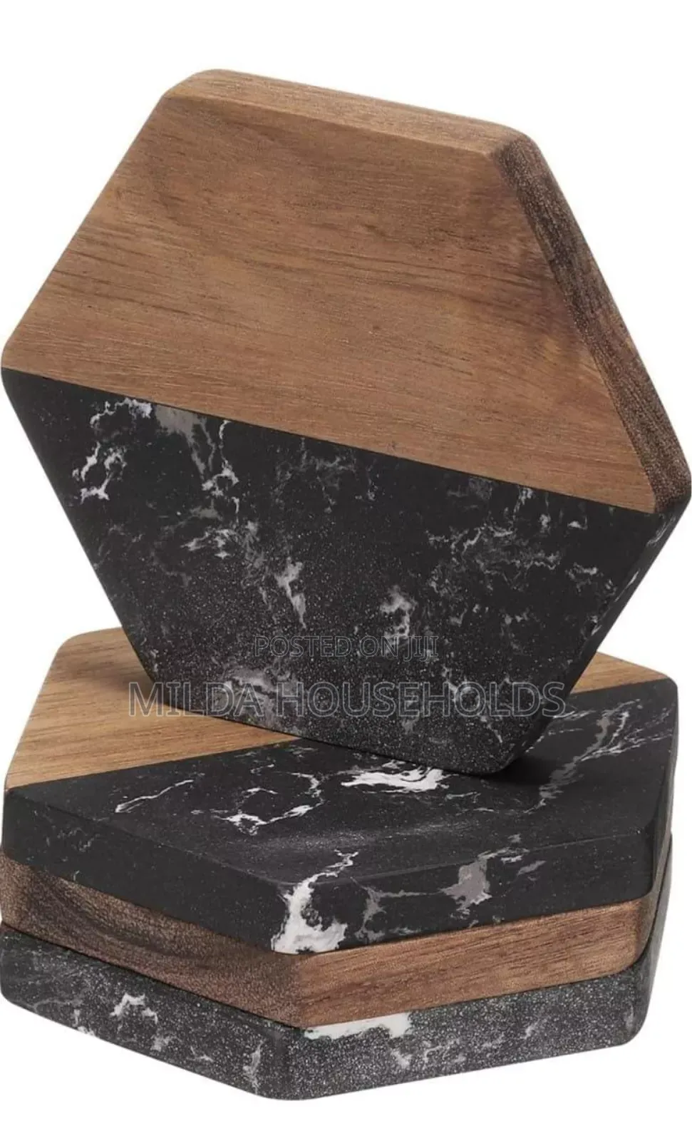 *6 in 1 Hexagon White Marble and Wood Coasters