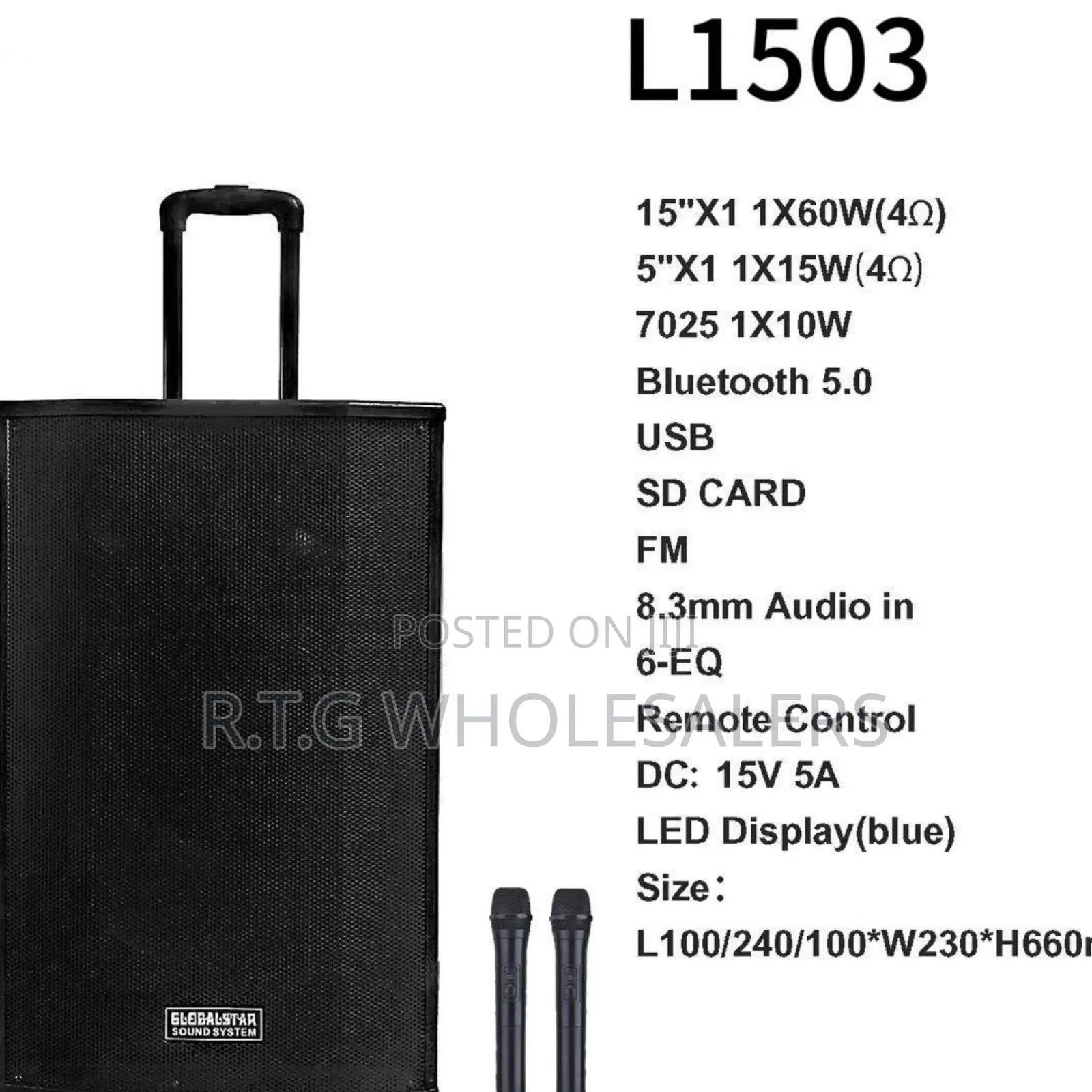 Globalstar 15′′ Trolley Speaker L1503 – Usb/Sd, 2 Mics Remote