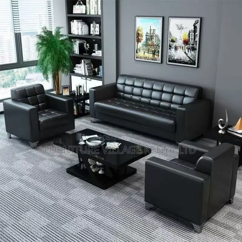 Office Sofa; Black 5-seater Office Leather Sofa