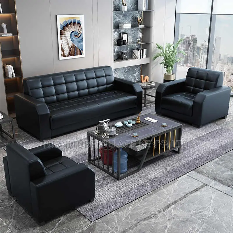 Office Sofa; Black 5-seater Office Leather Sofa
