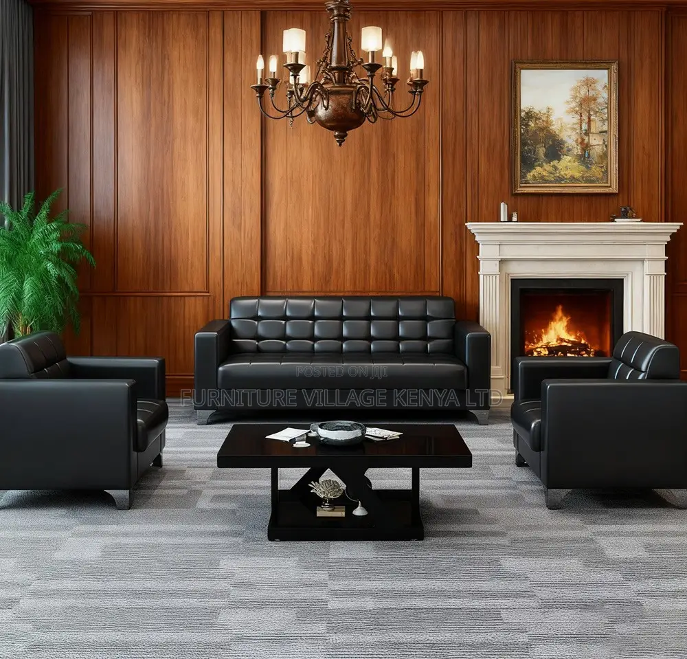 Office Sofa; Black 5-seater Office Leather Sofa