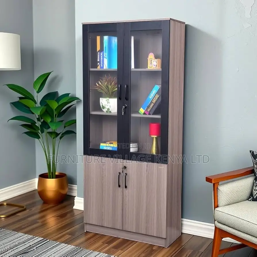 Office Cabinet; Glass & Wood 2-door Office Storage Cabinet