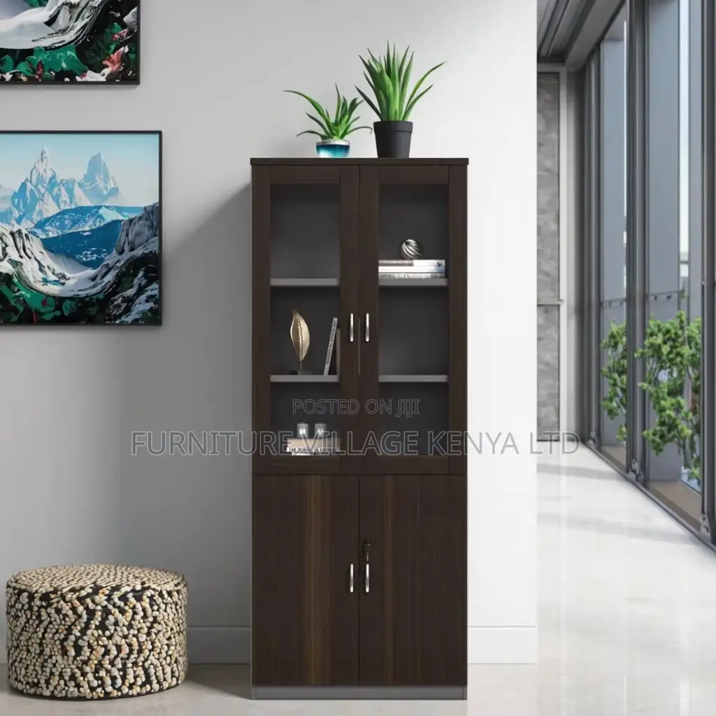 Office Cabinet; Glass & Wood 2-door Office Storage Cabinet