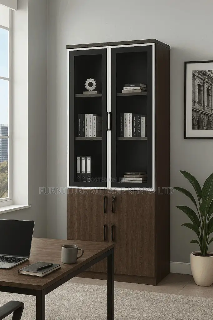 Office Cabinet; Glass & Wood 2-door Office Storage Cabinet