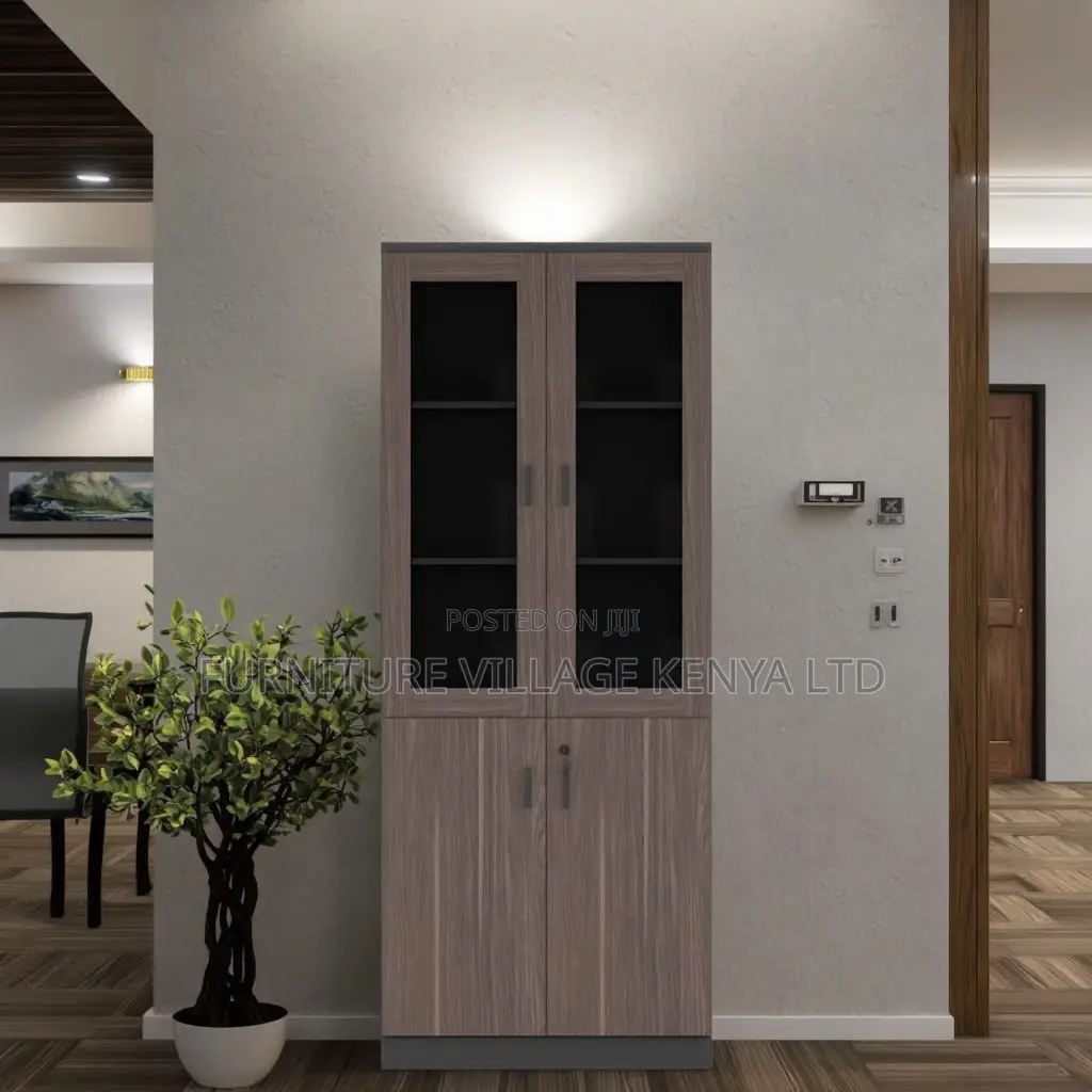 Office Cabinet; Glass & Wood 2-door Office Storage Cabinet