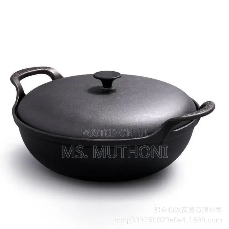 5 L Pre-Seasoned Pure Cast Iron Flat Bottom Wok With Cast Iron Lid