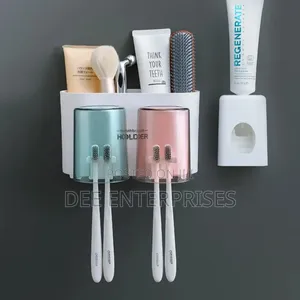 Wall Mounted Toothbrush 2 Cups Holder and Toothpaste Dispenser
