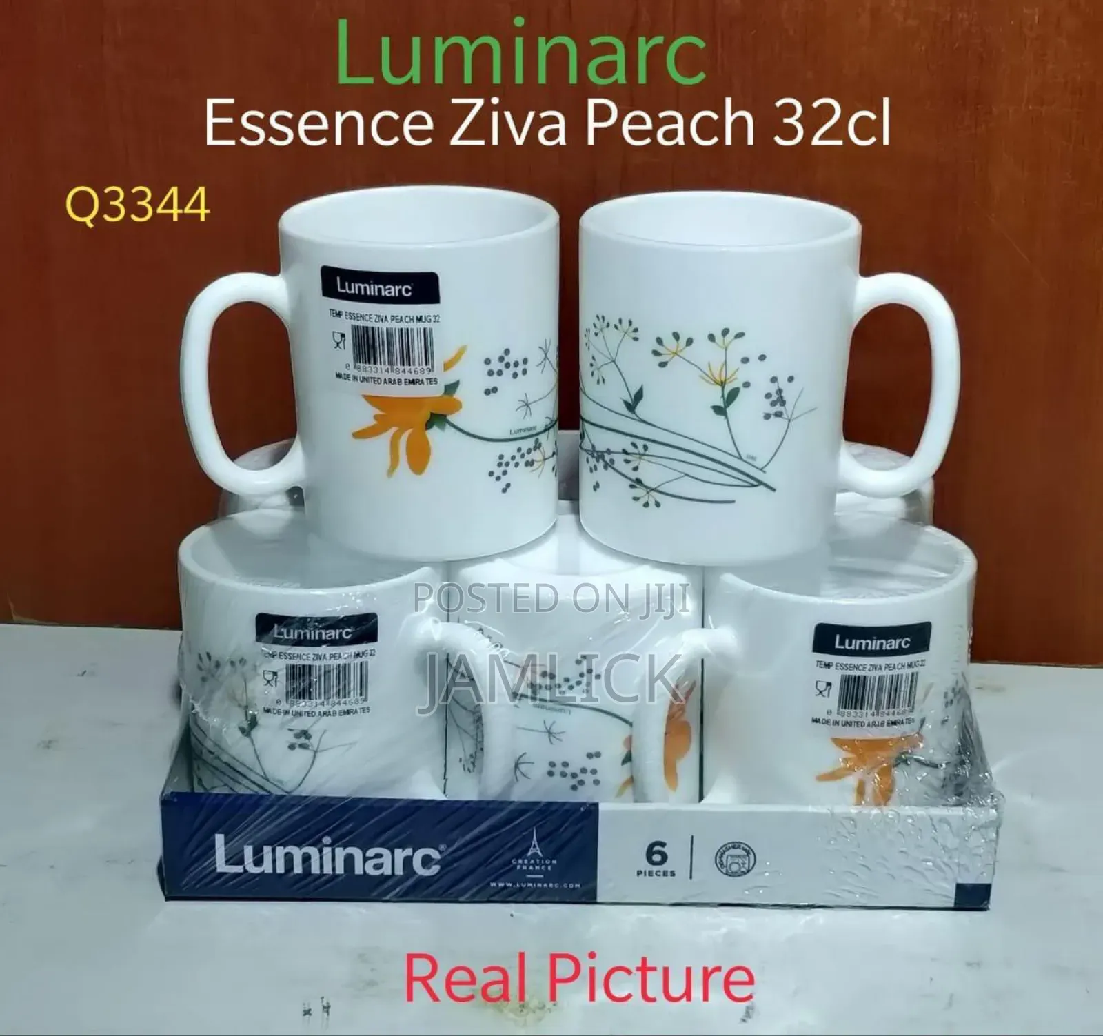 Luminarc Ziva Peach Glass Cups Set of 6 Elegant Tea Coffee Mugs - Js