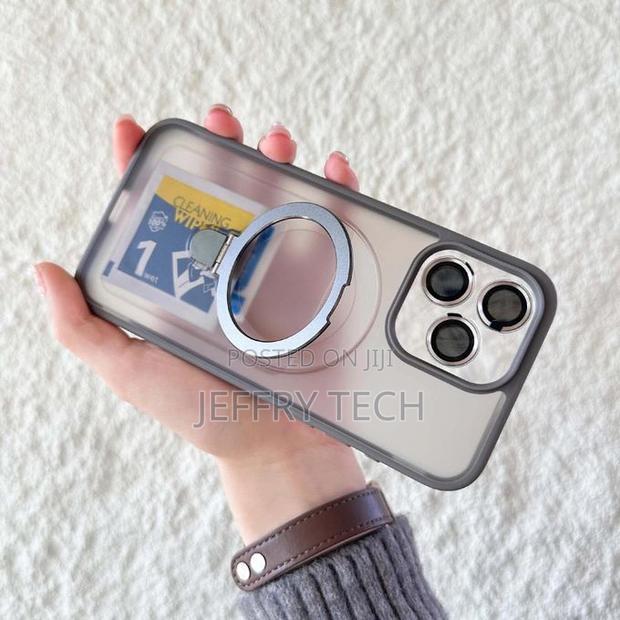 iPhone 15 Pro Grey Matte Magnetic Ring Stand Case + Camera Metal Lens