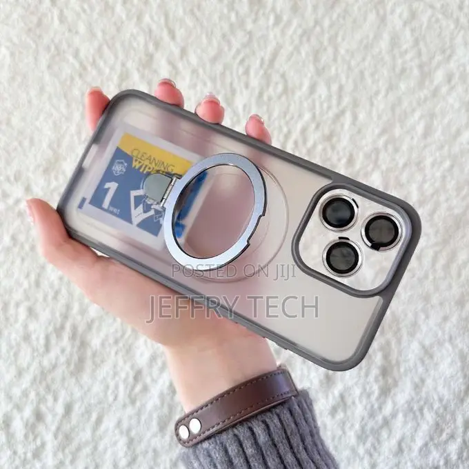 iPhone 15 Pro Grey Matte Magnetic Ring Stand Case + Camera Metal Lens
