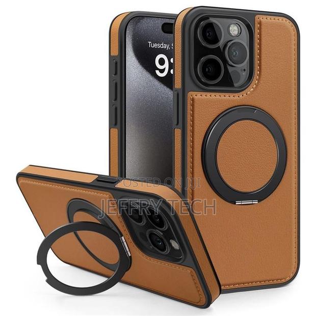iPhone 15 Pro Max Brown Pu Leather Case With Ring Kickstand Compatible - main view