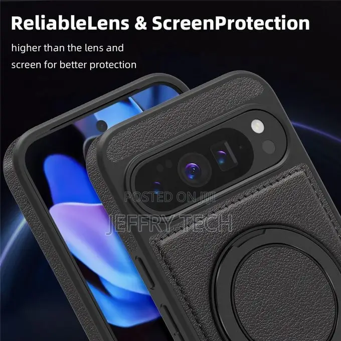 Google Pixel 9 Pro Black Pu Leather Case With Ring Kickstand Compatibl