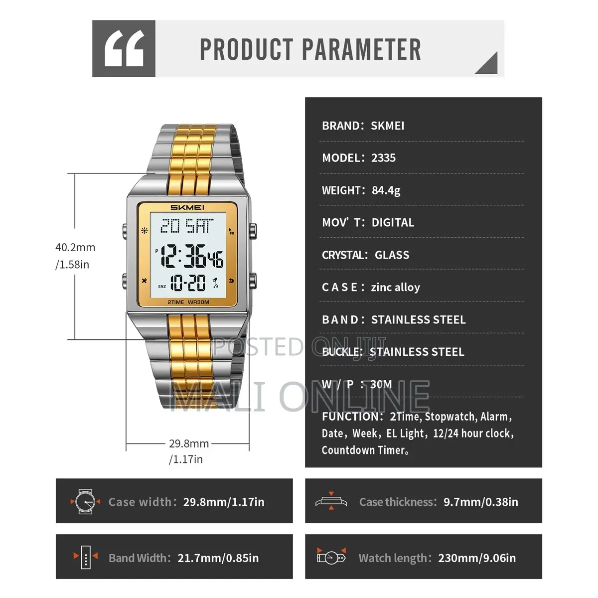 Skmei 2335 Digital Watch Stainless Steel Square Ultra Thin Waterproof
