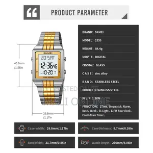 Skmei 2335 Digital Watch Stainless Steel Square Ultra Thin Waterproof