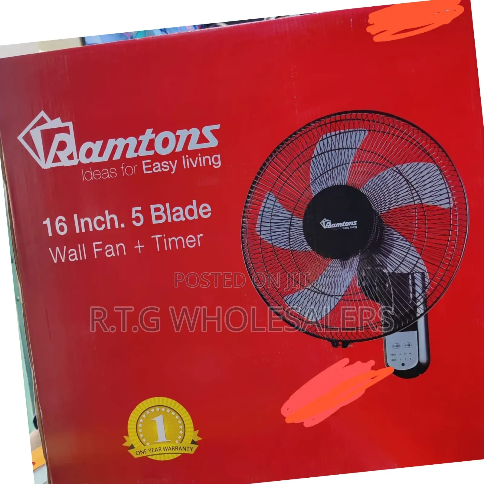 Ramtons 16‐In Wall Fan, 5 Blades, Durable – No Remote