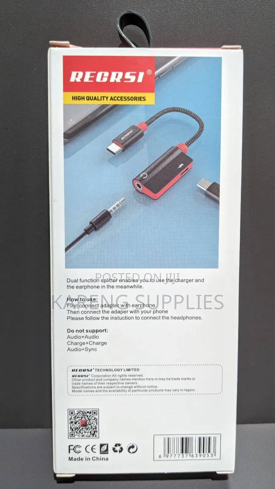 Recrsi Type-C to 3.5mm Audio and Charging Adapter