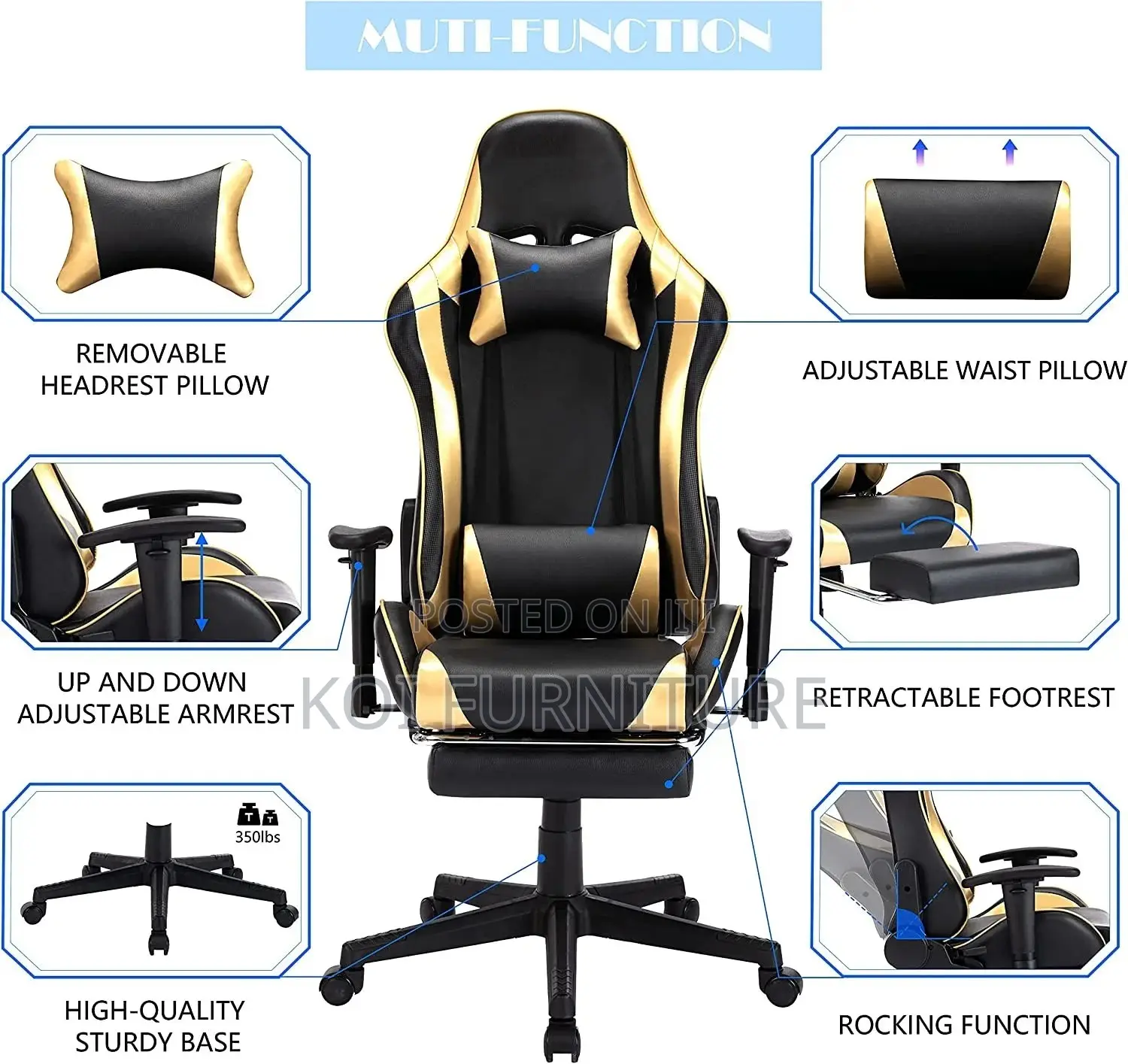 Office Chair; Black Golden Gamers and Streamers Fabric Chair