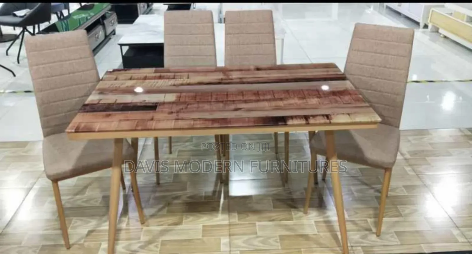 Light -Brown Wooden Table With Four Biegechair