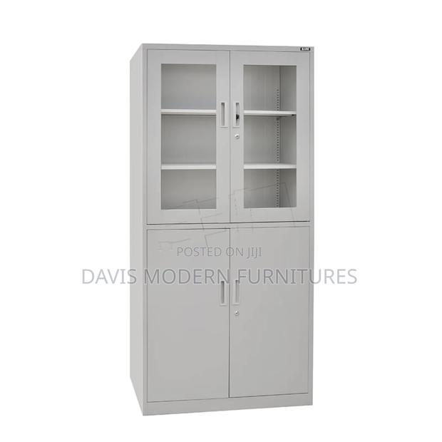 White Cabinet With Glass Doors and Shelves