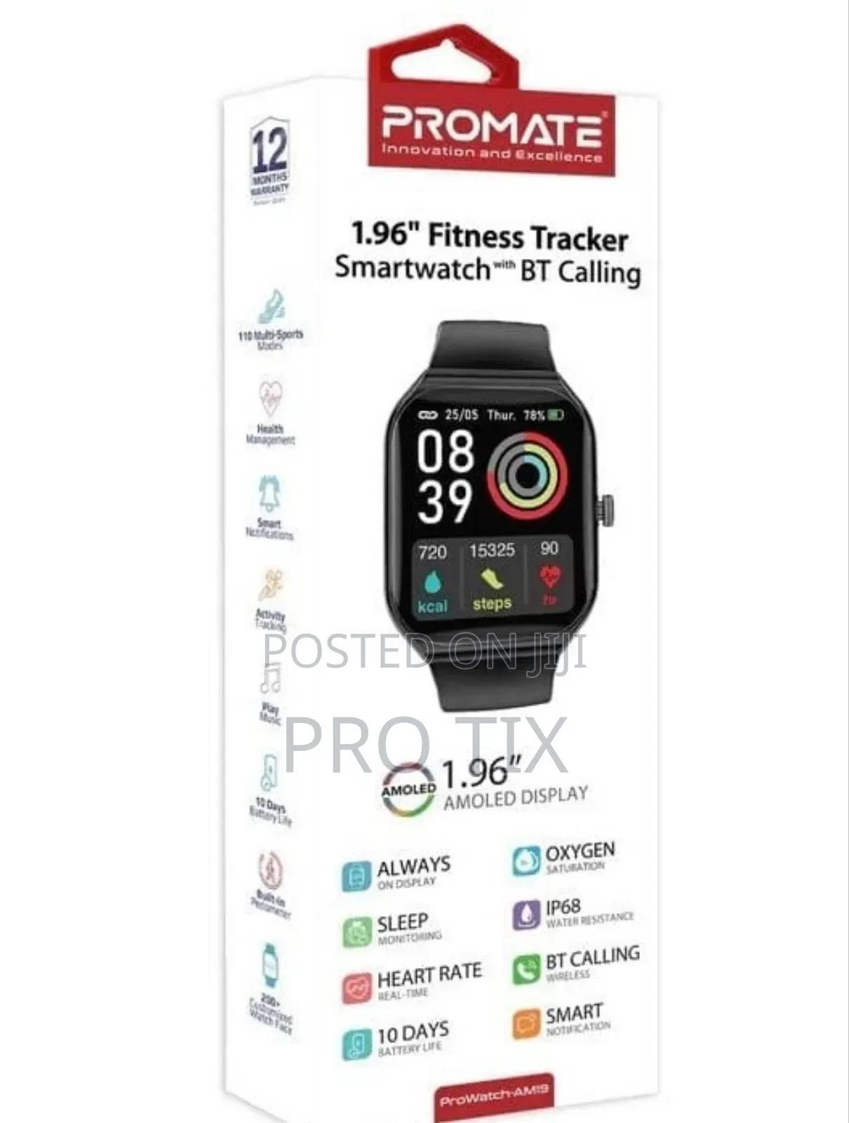 Promate Fitness Tracker Smartwatch Ip68 Prowatch-Am19.Black