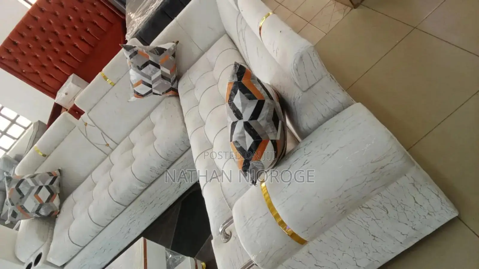 Luxury Modern 5-Seater Sofa Set – White With Gold Finish (Very Clean)